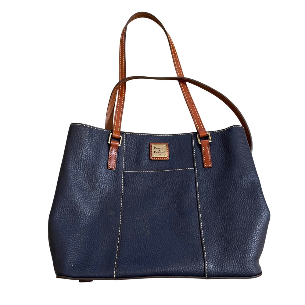 Dooney & Bourke Navy Blue Pebbled Leather Tote‎ Bag Tan Trim Gold Hardware